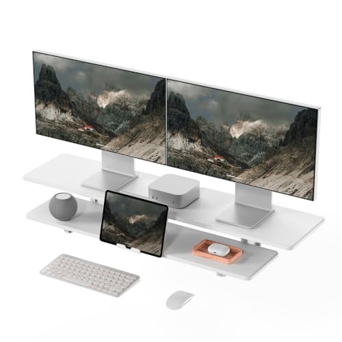 TRIN&AUSAN Dual Monitor Stand Riser, Wooden 2-Tier Computer Monitor Stand with Storage, Adjustable Ergonomic Desktop Monitor Riser with Cable Management & Phone Holder for Home Office Desk (White) - color: White