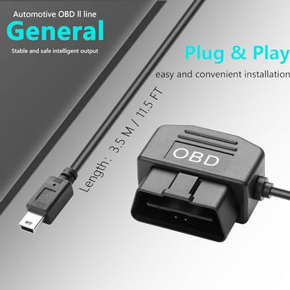 CERRXIAN OBD Power Cable for Dash Camera, OBD to Mini USB OBD Adapter Hardwire Charger Cable 24 Hours Surveillance/Acc Mode with Low Voltage Protection 12-24V to 5V 3A (11.5FT) (Straight mini USB)