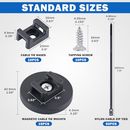 Magnetic Cable Zip Tie Mounts, 15 Pcs Heavy Duty Magnet Wire Holder Automotive Multipurpose & 50 Pcs Zip Ties & 20 Pcs Cable Tie Mounts with Tapping Screws for Wire Organization(43mm 85 Pcs) - size: 43mm-85PCS
