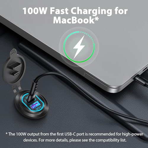 12 Volt USB C Outlet PD 100W Car USB Port for Laptop and QC3.0 18W Car Charger Socket Aluminum Alloy, Fast Charging Cigarette Lighter Replacement DIY Accessary for RV MarineTruck Boat Golf