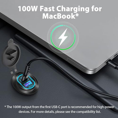12 Volt USB C Outlet PD 100W Car USB Port for Laptop and QC3.0 18W Car Charger Socket Aluminum Alloy, Fast Charging Cigarette Lighter Replacement DIY Accessary for RV MarineTruck Boat Golf