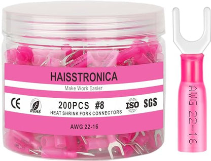 haisstronica 200PCS Heat Shrink Fork Terminals, 22-16 AWG, #8, Red - style: #8 200PCS Red