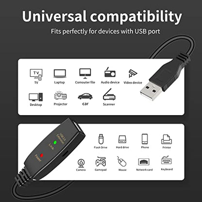 60FT Active USB Extension Cable 2.0 Male to Female with A Extension chipset Signal Booster - Active Extension/Repeate - color: USB 2.0 Extension Cable Black, size: 60FT