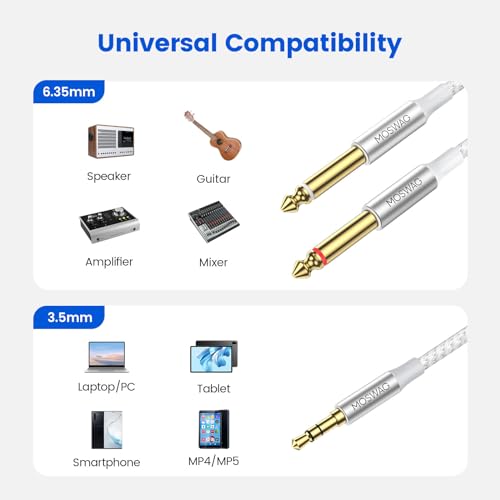 MOSWAG 3.5mm 1/8" TRS to 2 x 6.35mm 1/4" TS Mono Y Cable 3.28FT/1Meter Splitter Cable Compatible with Phone,iPod,Laptop,CD Players,Power Amplifier,Mixer,Home Stereo Systems - color: White, size: 3.28FT/1Meter