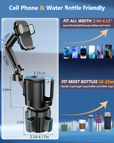 Cup Phone Holder for Car Cup Holder with Expandable Base, Detachable Dual Cellphone Holder Cupholder Car Mount with Long Arm Universal Fit iPhone and Large Bottle, for Truck SUV - color: Black