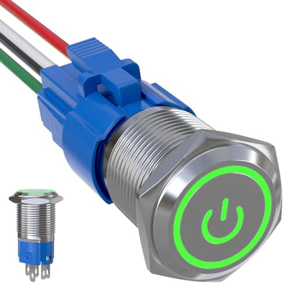 16mm Latching Push Button Switch 5A 12V Power Symbol LED Ring SPDT - color: Silver Shell-Green
