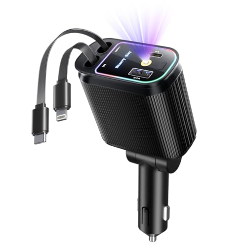 Starlight Retractable Car Charger with Retractable Cables, Starlight in Car Roof 4 in 1 Super Fast USB C Car Phone Charger, 2 USB Ports Starry Sky Adapter, Compatible with iPhone 17 16 15 14 13 12 - color: Dark Black