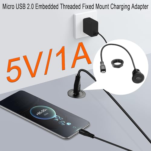 QIANRENON Micro USB Threaded Fixed Mount Charging Short Cable Adapter Micro USB Male to Female Flush Mount Data Connector Cable 480Mbps 5V 2A, Dashboard Car RV Boat Desktop, 30cm/11.8in
