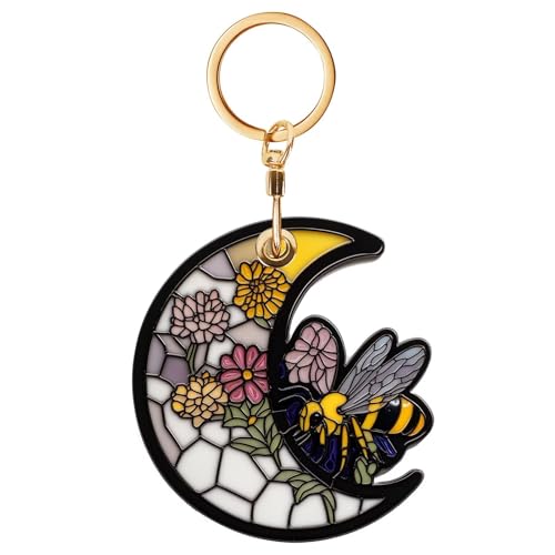 Bee Leather Keychain Case Holder,GPS Tacker With Keychain Ring,Stained Glass Style Access Card Scratch-Resistant,Finders Accessories For Pets, Luggage, Wallet, Backpacks - color: Bee