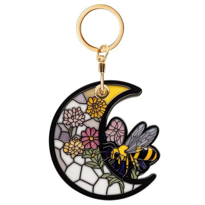 Bee Leather Keychain Case Holder,GPS Tacker With Keychain Ring,Stained Glass Style Access Card Scratch-Resistant,Finders Accessories For Pets, Luggage, Wallet, Backpacks - color: Bee