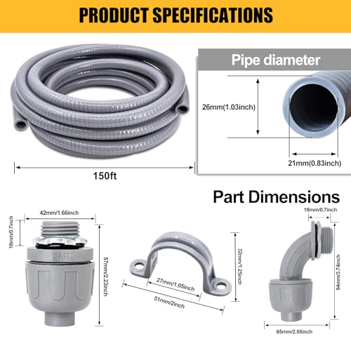 3/4 inch 150 Foot Liquid-Tight Conduit and Connector Kit, Flexible Non Metallic Electrical Conduit, With 10 Straight and 10 Angle Fittings and Pipe Strap - size: 3/4inch 150Ft