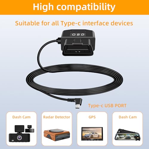 GELRHONR Right Angle OBD Power Cable for Dash Camera, USB C OBD2 Dashcam Hardwire Kit with 24 Hours Surveillance and Acc 2 Mode 11.5FT, for EV Hybrid Fuel Vehicles(Right Angle USB C Black) - color: Right Angle USB C Black