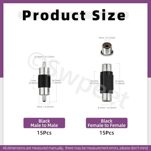 Swpeet 15Pcs Nickel Plated RCA Female to Female Coupler and 15Pcs RCA Male to Male Coupler Kit, RCA Audio Video Adapter, RCA Cable Extension Connector, RCA Adapter for Speaker, RCA Cable, Amplifier