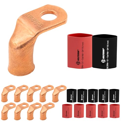 SELTERM 10pcs 1/0 AWG 5/16" Stud 90° Bent Low Voltage Drop Bare Copper Lugs - color: 90° Bent Lugs, size: 1/0 Awg - 5/16" (M8) Ring