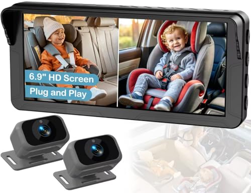 Dual Baby Car Camera for 2 Kids: 6.9" Large Split-Screen with 2-Camera - size: 6.9 inch