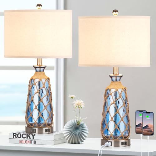 Ruzectt 25.5" Coastal Glass Table Lamps Set of 2, 3-Way Dimmable Touch Control Bedside Lamps with 2 USB Ports and AC Outlet, Blue Nautical Nightstand Lamps for Bedroom Living Room (LED Bulbs Included) - color: Blue