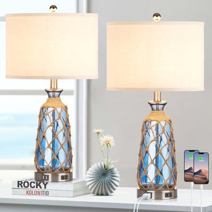 Ruzectt 25.5" Coastal Glass Table Lamps Set of 2, 3-Way Dimmable Touch Control Bedside Lamps with 2 USB Ports and AC Outlet, Blue Nautical Nightstand Lamps for Bedroom Living Room (LED Bulbs Included) - color: Blue