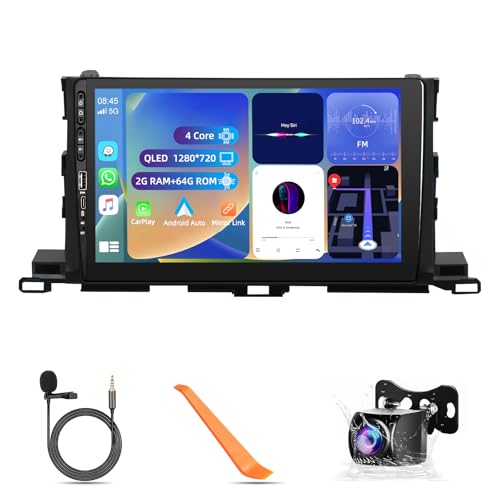 2G+64G Car Stereo for Toyota Highlander 2014-2019 Android 13.0 Wireless Carplay/Auto/Mirror Link, 10.1" HD Touch Screen Radio Bluetooth GPS Navigation, 2.4GHz & 5GHz WiFi, SWC DSP 36-EQ AHD Camera