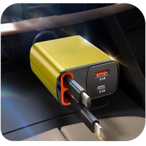 Retractable Car Charger, 4-in-1 Car Lightning Charger with USB-C & USB-A - color: Gold