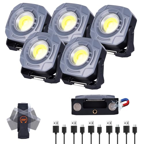 KunHe 5 Pack Magnetic Rechargeable Work Light,4000mAh 840 Lumens,Stepless Dimming Mechanic Light,32 Hours Long Runtime Magnetic Light 330° Rotatable Portable Magnetic Led Light, for Emergency work