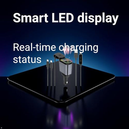 Retractable Fast Car Charger Adapter for Cell Phone USBC 4 in 1 Port Super Fast Charger Retractable USB C Cable Dual Extension Cord Ports Car Cigarette Lighter Adapter Cargador de Carro Carga Rapida