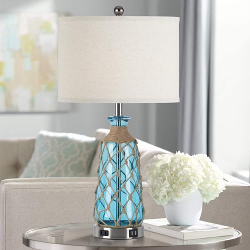 Ruzectt Coastal Glass Table Lamps, 3-Way Dimmable Touch Control Bedside Lamps with 2 USB Ports and AC Outlet, Teal Nautical Nightstand Lamps for Bedroom Living Room (LED Bulbs Included) - color: Teal 1P