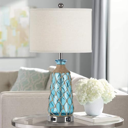 Ruzectt Coastal Glass Table Lamps, 3-Way Dimmable Touch Control Bedside Lamps with 2 USB Ports and AC Outlet, Teal Nautical Nightstand Lamps for Bedroom Living Room (LED Bulbs Included) - color: Teal 1P