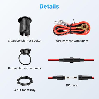 Anina 2pcs Cigarette Lighter Socket DC 12V Power Outlet Socket Replacement with Cover Waterproof Plug with Wire Fuse for Car Marine Motorcycle ATV RV 12V/24Volt Lighter Power