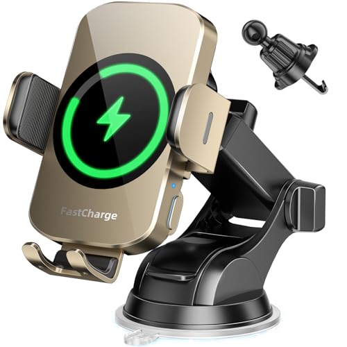 BothLin 3-in-1 Wireless Car Charger Mount, 15W Fast Charging Auto-Clamping Phone Holder for iPhone 17 16 15 14, Samsung Galaxy S24 S23, Dashboard, Vent & Windshield Car Mount - color: Amber Yellow