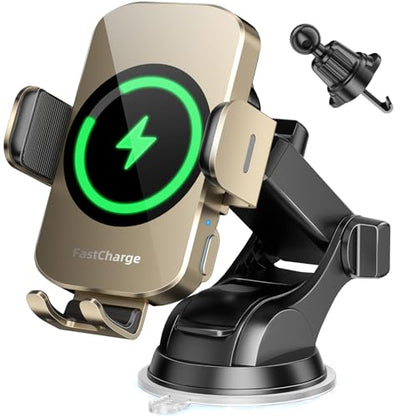 BothLin 3-in-1 Wireless Car Charger Mount, 15W Fast Charging Auto-Clamping Phone Holder for iPhone 17 16 15 14, Samsung Galaxy S24 S23, Dashboard, Vent & Windshield Car Mount - color: Amber Yellow