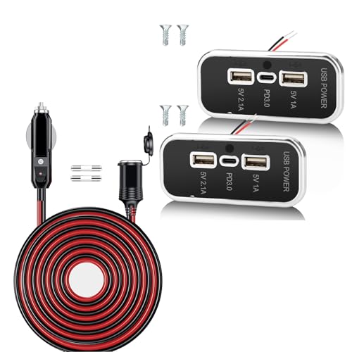 26ft 12V/24V 16AWG Heavy Duty Cigarette Lighter Extension Cable Male to Female Socket Extension Cord,3 Ports 12V USB Outlet 45.5W 2PCS PD3.0 Type-C Quick Charge & Dual USB A Port 3.1A Panel Wall Mount