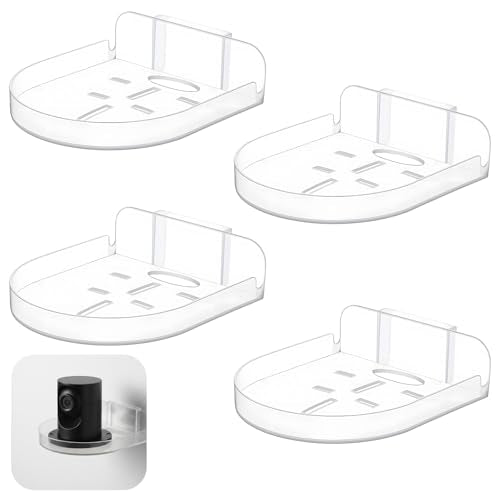4 Pack Adhesive Security Camera Wall Mount, Universal Transparent Monitor Wall Mount Brackets with Cable Clips Versatile Surveillance Holder Self Adhesive Small Walls Shelf for Bedroom Kitchen Living