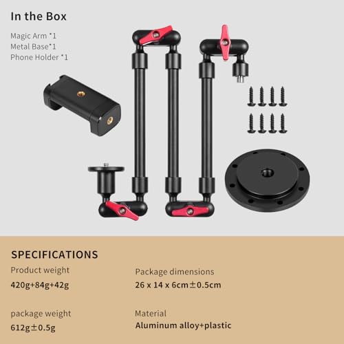 Wall Mounted Phone Holder Magic Arm 360° Rotation Adjustable Metal Base Screw in Wall Sturdy for Kitchen Bedroom Home 32 Inch ABS Phone Clip - size: Metal base + 32in magic arm + phone clip