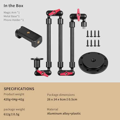 Wall Mounted Phone Holder Magic Arm 360° Rotation Adjustable Metal Base Screw in Wall Sturdy for Kitchen Bedroom Home 32 Inch ABS Phone Clip - size: Metal base + 32in magic arm + phone clip