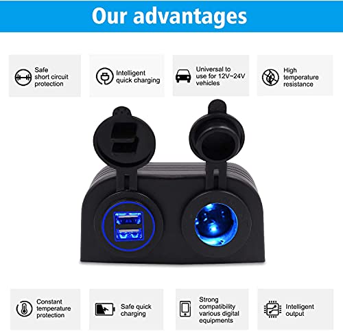 Waterproof Dual USB Charger Power Adapter (5V 2.4A / QC3.0 Quick Charge 3.0) + Cigarette Lighter Socket Tent Type Panel 12 / 24V DC for Car Motorcycle Boat Marine ATV RV