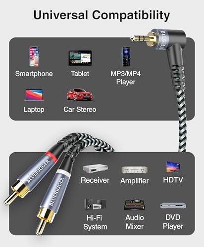 BlueRigger 3.5mm Aux to 2RCA Audio Cable (6FT, 90D Stereo Splitter Y 2RCA Male, Braided, 1/8" RightAngled TRS to RCA, Hi-Fi Sound, Metal Shell) - for Phones, Amplifiers, Tablets, Home Theater, HDTV - size: 6FT, style: 3.5mm Angled