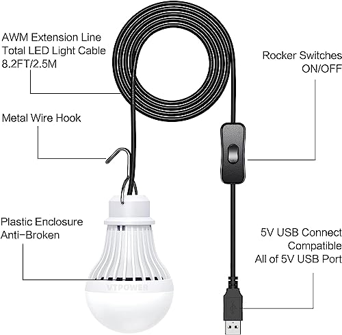 4 Pack USB LED Camping Lantern, 8.2 ft Extra Length Cord Tent Light with USB Y-Cable, Portable LED Bulb for Garage, Warehouse, Car, Truck, Fishing Boat, Room Emergency Light, White - style: 5W 4PCS