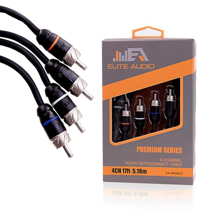 Elite Audio Premium Series 17ft. 4-Channel Car Audio RCA Cable – Double Shielded, Oxygen Free Copper, Noise Reducing Audio Cable for Amplifiers, Subwoofers, Speakers, and Processors – PRM417 - size: 17' (ft), style: 4-Channel