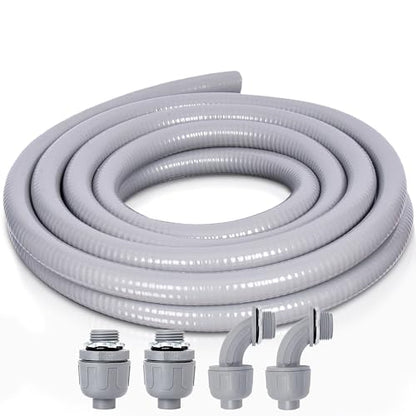 Liquid-Tight Conduit and Connector Kit - 1/2 Inch 15 FT Non Metallic Liquid Tight Electrical Conduit with 2 Straight and 2 Angle Fittings - size: 1/2inch 15 Ft