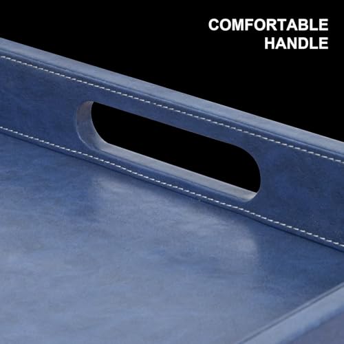30 x 24 inches Rectangle Leather Ottoman Serving Tray with Hole Handles, Extra Large Modern Service Tray for Living Room, Coffee Table, Bed, Tea, Food, Countertop, Kitchen, Dinner, Picnic (Blue) - color: Blue, size: 30" x 24" x 2"