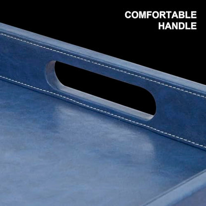 20 x 14 inches Leather Rectangle Serving Tray with Hole Handles,High-End Light Large Service Tray for Ottoman Tray, Tea, Food, Butler - Countertop, Kitchen,Family Dinner, Picnic (Blue) - color: Blue, size: 20" x 14" x 2"