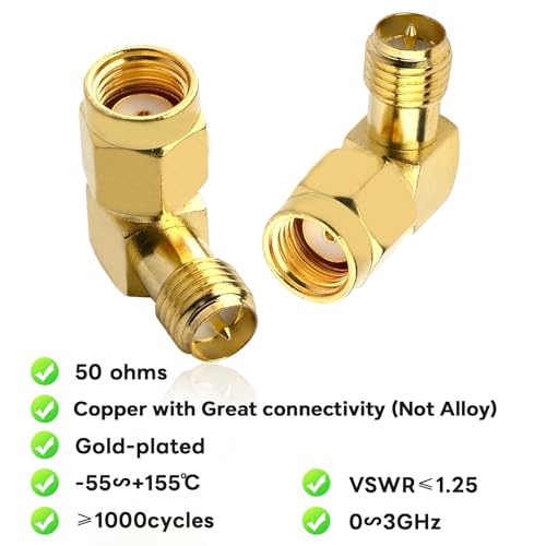 90 Degree Reverse Polarity SMA Coax Adapter RP SMA Male to RP-SMA Female Right Angle Connector for Audio FPV Drone Antennas Radio Video 2-Pack