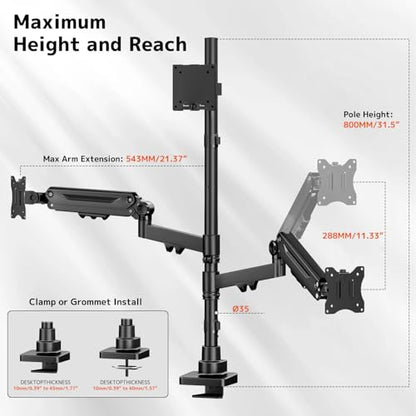 Triple Monitor Mount up to 49 inches, Fully Adjustable Heavy Duty 3 Monitor Arm with Gas Spring, Desk Mount for 3 Screens, C-Clamp & Grommet Base, Holds 44 lbs, Black