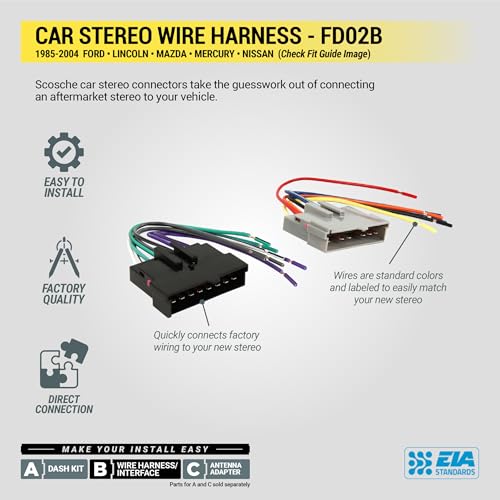 Scosche FD02B Stereo Wiring Harness Compatible with Select Non-Amplified 1985-2004 Ford, Lincoln, Mazda, Mercury and Nissan Vehicles - Car Stereo Harness - Check Vehicle List in Images for Your Model - style: Wire Harness Only