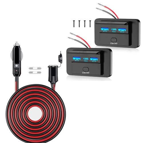 26ft 12V/24V 16AWG Heavy Duty Cigarette Lighter Extension Cable Male to Female Socket Extension Cord,2PCS 3 Ports 12V RV USB Outlet Dual USB QC3.0 36W & PD3.0 Type-C Quick Charge 36W Panel Wall Mount