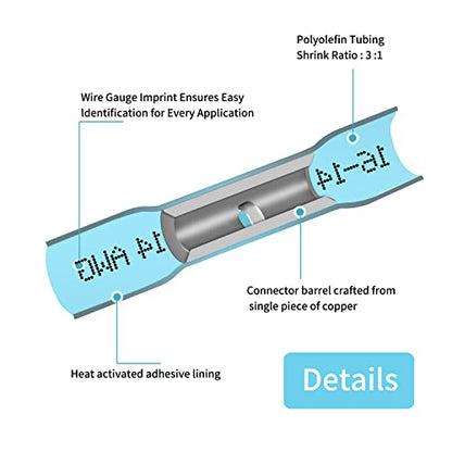 16-14 AWG Heat Shrink Butt Connectors - 500Pcs Blue Insulated Waterproof Electrical Marine Automotive Wire Splice Connector Crimp Wiring Terminals - size: AWG 16-14 [500PCS]