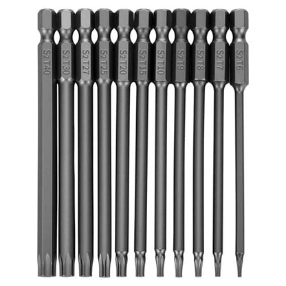 11pcs Security Torx Screwdriver Bit Sets, 1/4 Inch Hex Shank S2 Steel Magnetic security torx bit set, 4in long torx bit set T6 T7 T8 T9 T10 T15 T20 T25 T27 T30 T40 - size: 4" Long T6-T40
