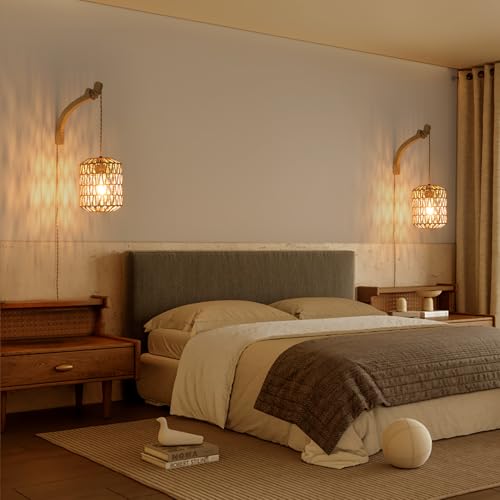 Plug in Wall Sconce,Farmhouse Wicker Wall Lamp Plug in,Hand Woven Rattan Wall Light Farmhouse Rustic Boho Sconces Wall Lighting for Living Room Bedroom - color: Rattan, size: 1 Pack