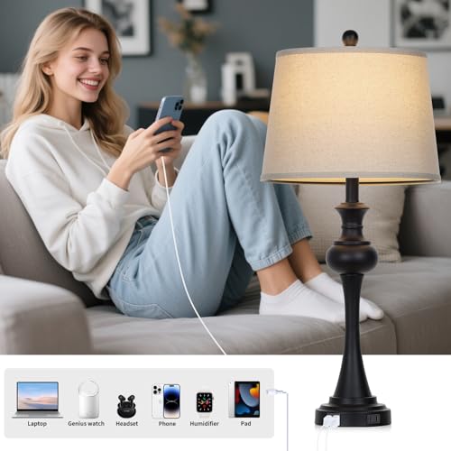 CINSARY Black Table Lamps Set of 2, 29" Bedside Lamps with USB C+A - color: Black-set of 2
