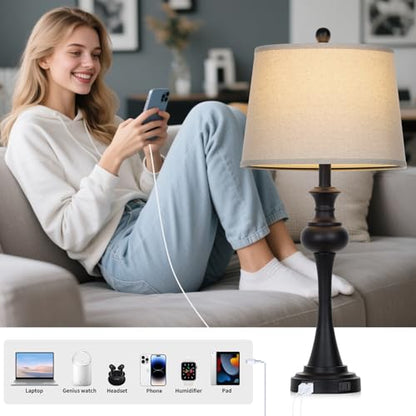 CINSARY Black Table Lamps Set of 2, 29" Bedside Lamps with USB C+A - color: Black-set of 2